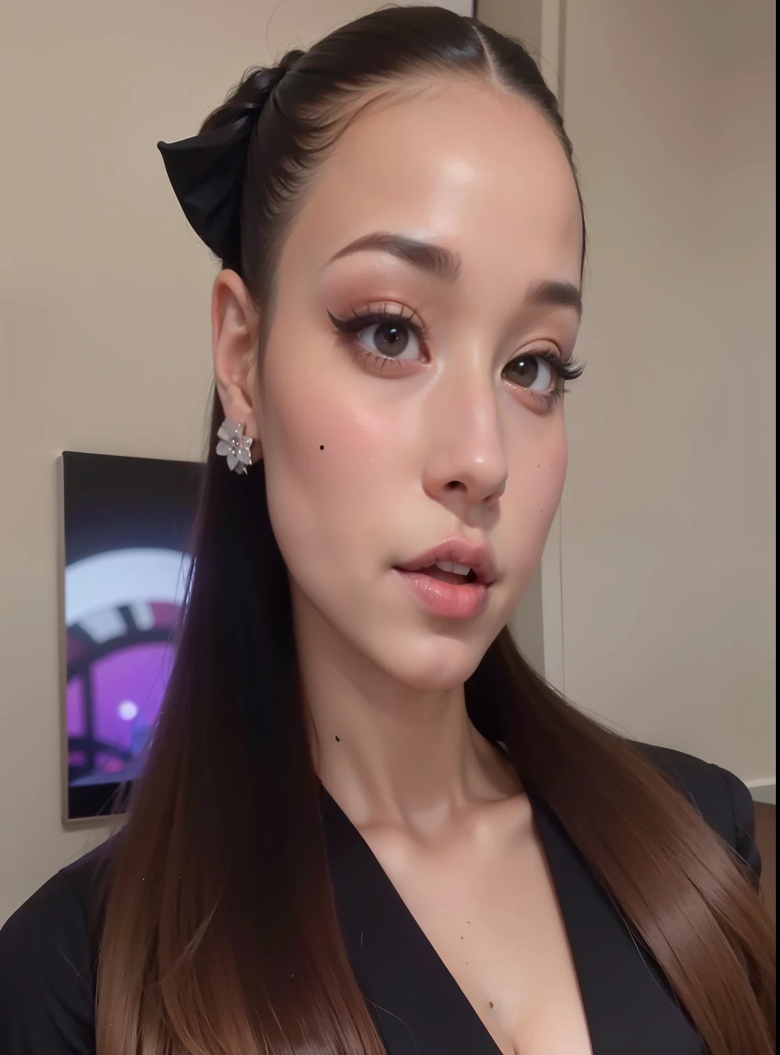 a Close up of a woman with long hair wearing a black dress, portrait of Ariana Grande, Ariana Grande, cabelo em rabo de cavalo baixo liso, Poarch bonito, Ariana Grande photography, Ariana Grande as a sith, Cl, Ariana Grande in star wars, painting of Ariana Grande, inspired by Gina Pellón, Ariana Grande portrait painting, foto de perfil, suave em _ O pano de fundo