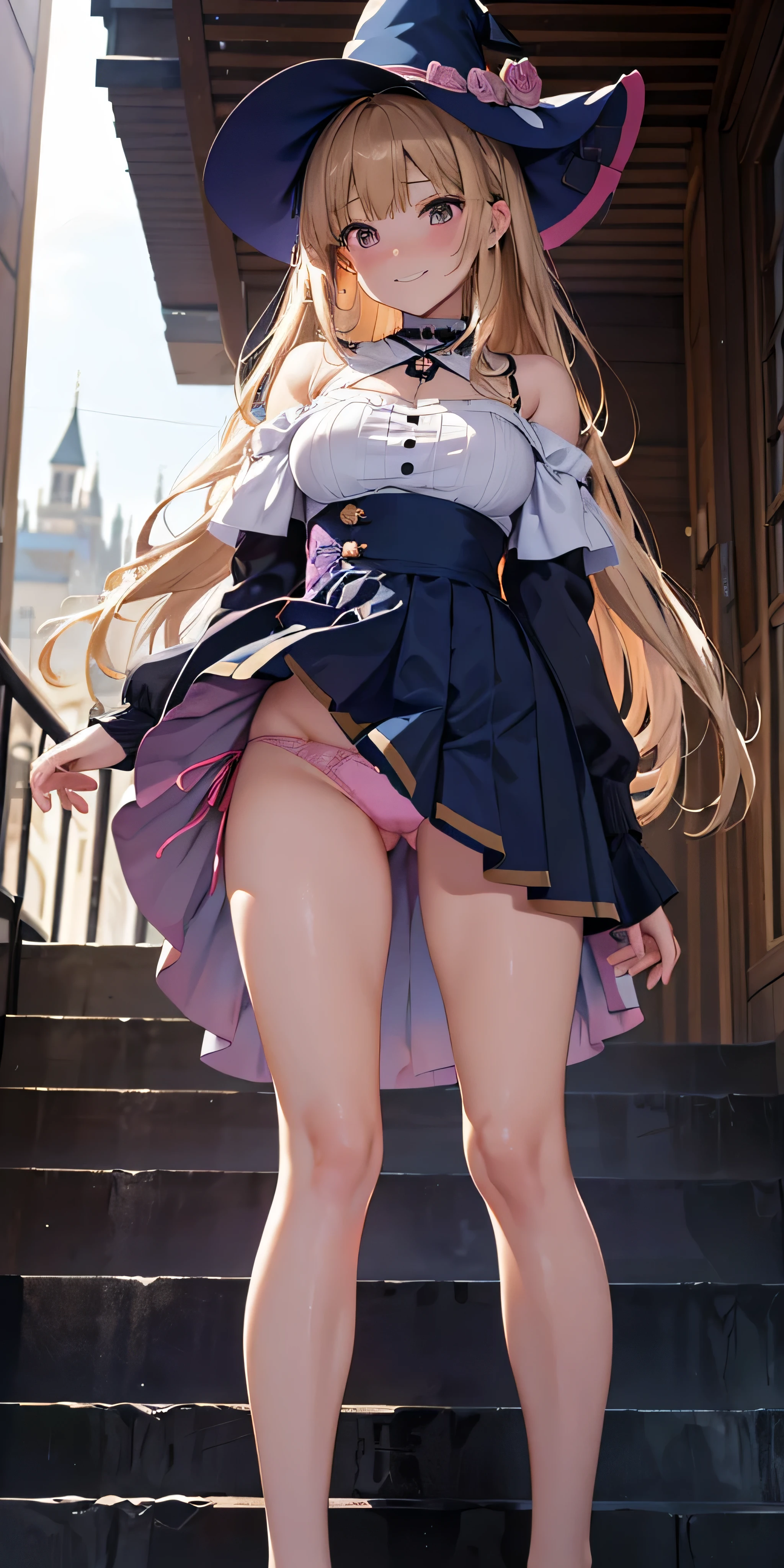 masutepiece, Best Quality, the Extremely Detailed CG Unity 8K Wallpapers, Sexy Witch , Long dark blonde wavy hair、off-shoulder knit, darkblue pleated skirt, Medium milk, hanging breasted, cleavage, Blushing, Shy laughter, Castle staircase、Looking up from the bottom of the stairs、Very embarrassing panic smile, turned around、bending forward、(The wind flipped my skirt and exposed my butt.............................、Touching the buttocks with both hands、Pink lace panties)、