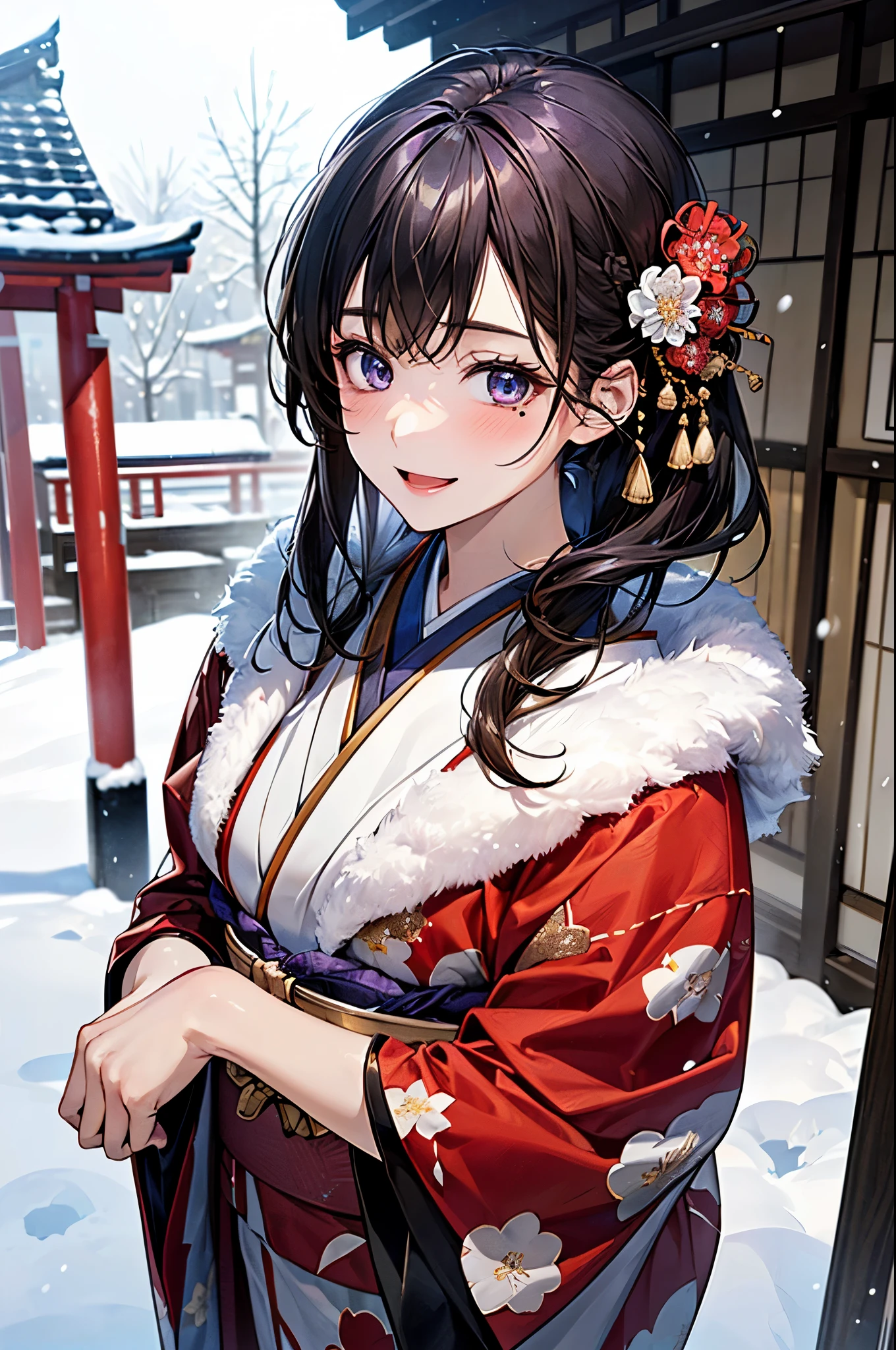 ((perfect anatomy, anatomically correct, super detailed skin)),
1 girl, japanese, , shiny skin, large breasts:0.5, looking up, watching the view,
beautiful hair, beautiful face, beautiful detailed eyes, (middle hair:1.4, half undo:1.7), blown hair, blue eyes, babyface, mole under eye,
(((traditional japanese clothing:1.2, with an intricate flower pattern:1.3, with gold embroidery:1.2, metallic purple fabric:1.5, fur muffler, luxurious hair ornament))),
((smile:1.5, open your mouth wide)), standing, walking,
(beautiful scenery), winter, dawn, (new year's day, first visit), hokkaido, sapporo, outside shrine, crowd, snow, snowfall:1.5, freezing weather, frost,
(8k, top-quality, masterpiece:1.2, extremely detailed), (photorealistic:1.2), beautiful art, visual art, depth of fields, natural lighting,