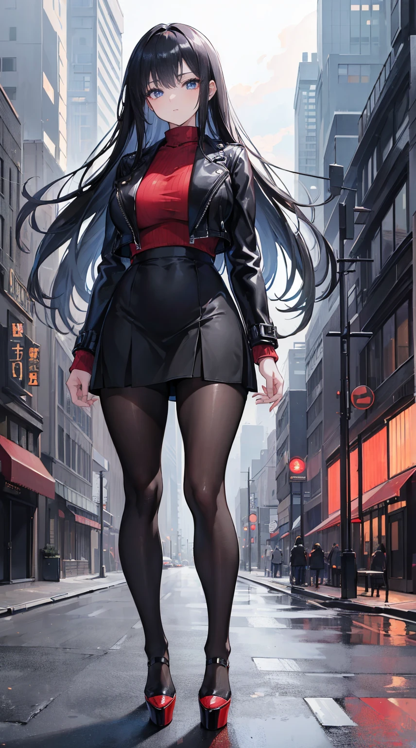 ((masterpiece, high resolution, best quality, best details, anime)), a mature woman standing on the street, black leather jacket, black pantyhose, pumps platform high heels, long black skirt, red blouse, long hair, black hair, blue eyes, cityscape, winter, at night, curvy body,