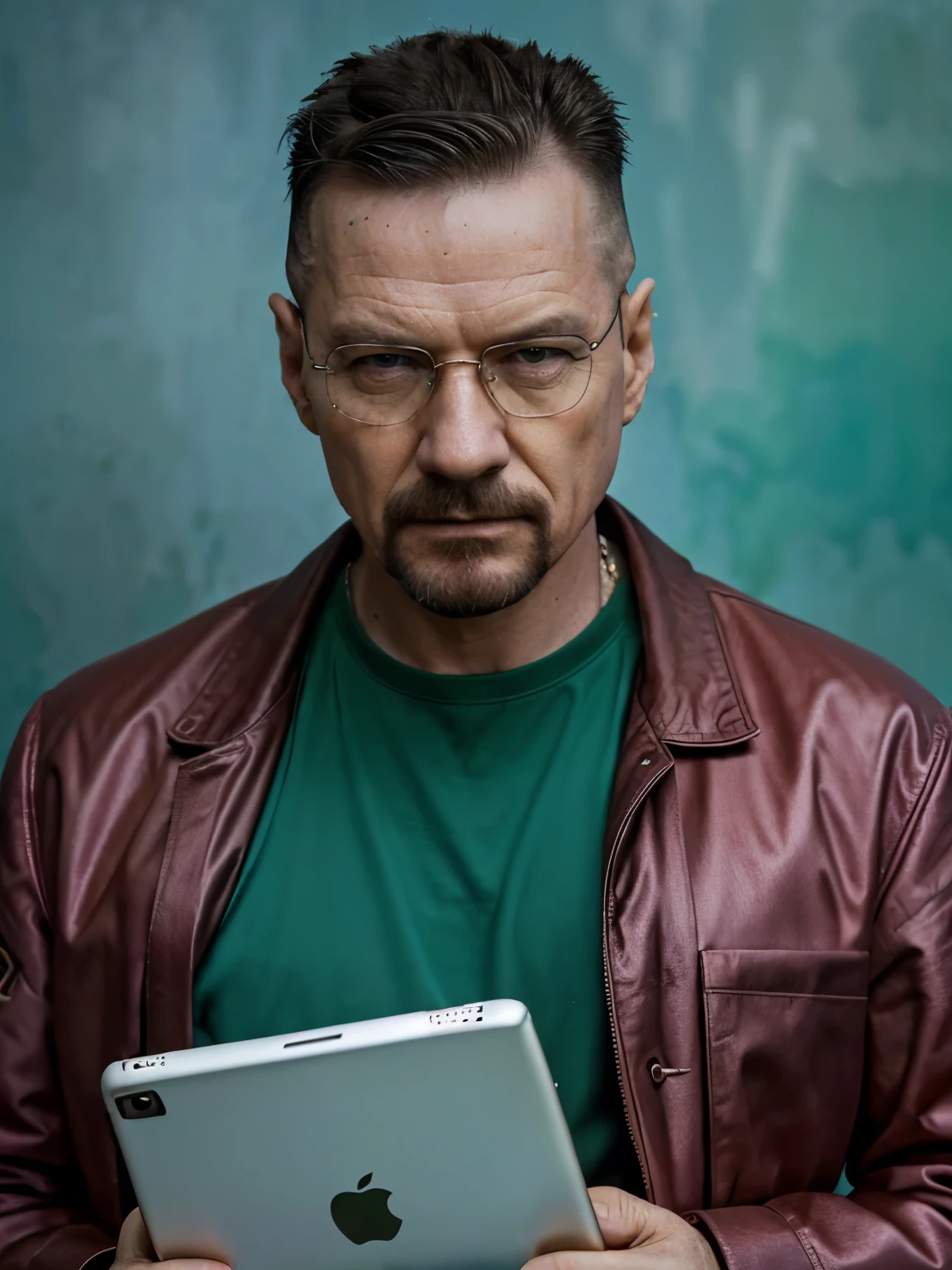 ((sfw)), add_detail, tmasterpiece, complete walter white , as a pimp from the area, gang leader, 34 years old, Soviet Union, moscow , 1980s, highly detailed style, soft watercolors, street art and other elements, holding an iPad tablet in his hand, against the backdrop of an emerald background