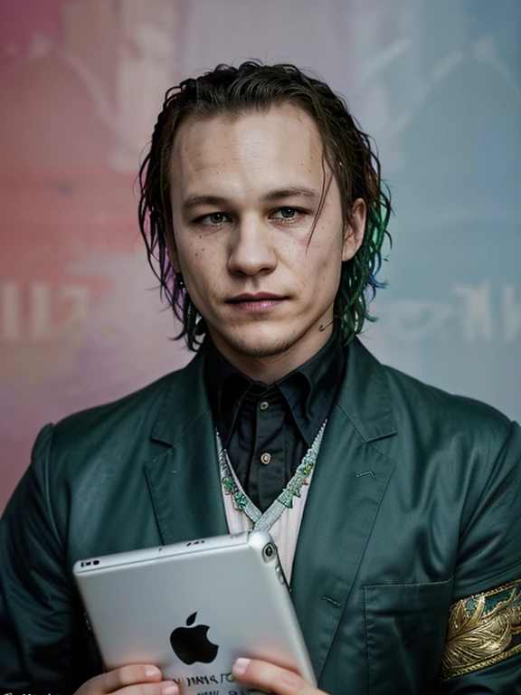 ((sfw)), add_detail, tmasterpiece, full joker (Heath Ledger) , as a pimp from the area, gang leader, 34 years old, Soviet Union, moscow , 1980s, highly detailed style, soft watercolors, street art and other elements, holding an iPad tablet in his hand, against the backdrop of an emerald background