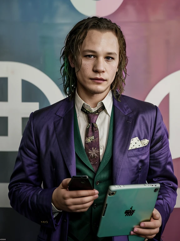 ((sfw)), add_detail, tmasterpiece, full joker (Heath Ledger) , as a pimp from the area, gang leader, 34 years old, Soviet Union, moscow , 1980s, highly detailed style, soft watercolors, street art and other elements, holding an iPad tablet in his hand, against the backdrop of an emerald background