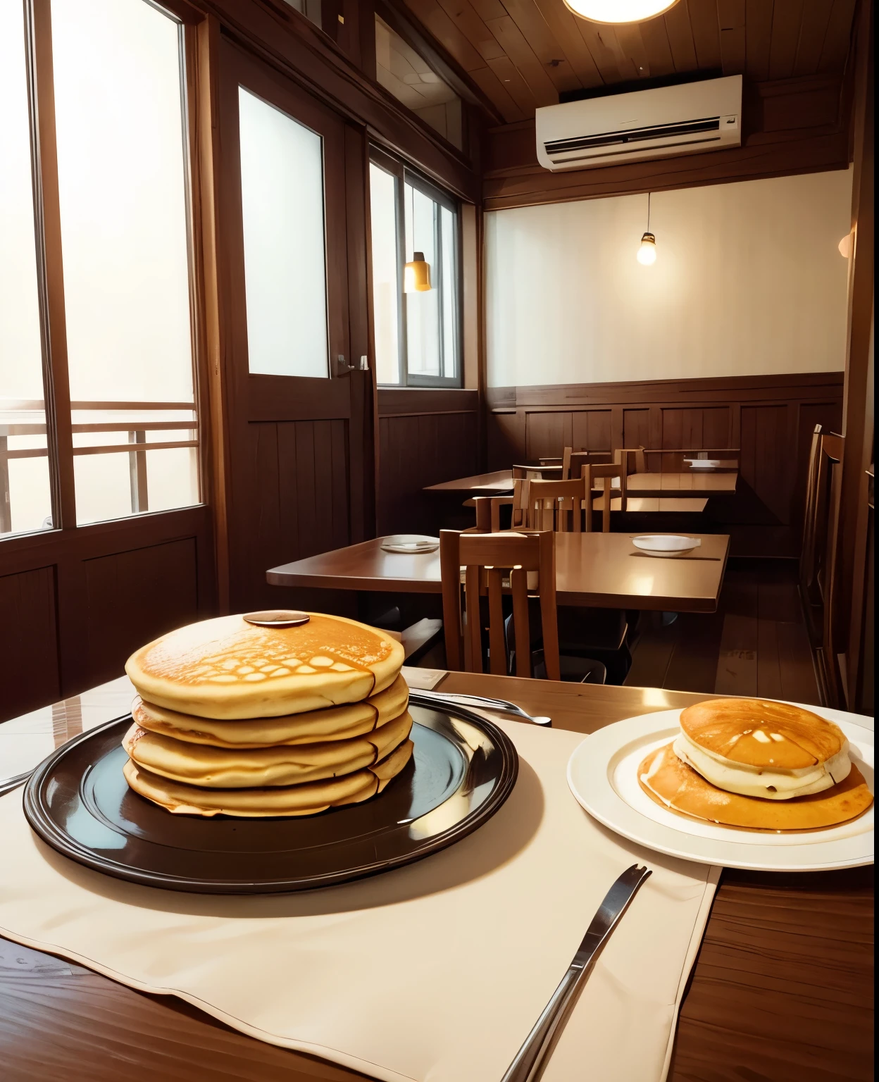 Inside the café、The table、two plates、two pancakes、big pancake and small pancake