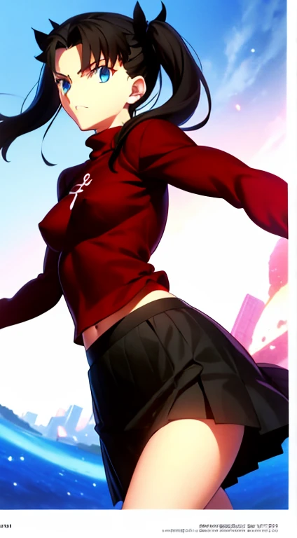 tohsaka rin, black hair, twintail hair, blue eyes, sharp eyes, plain red sweater, mini skirt, black skirt, belly, 1 woman, show off belly, underboobs, small breast