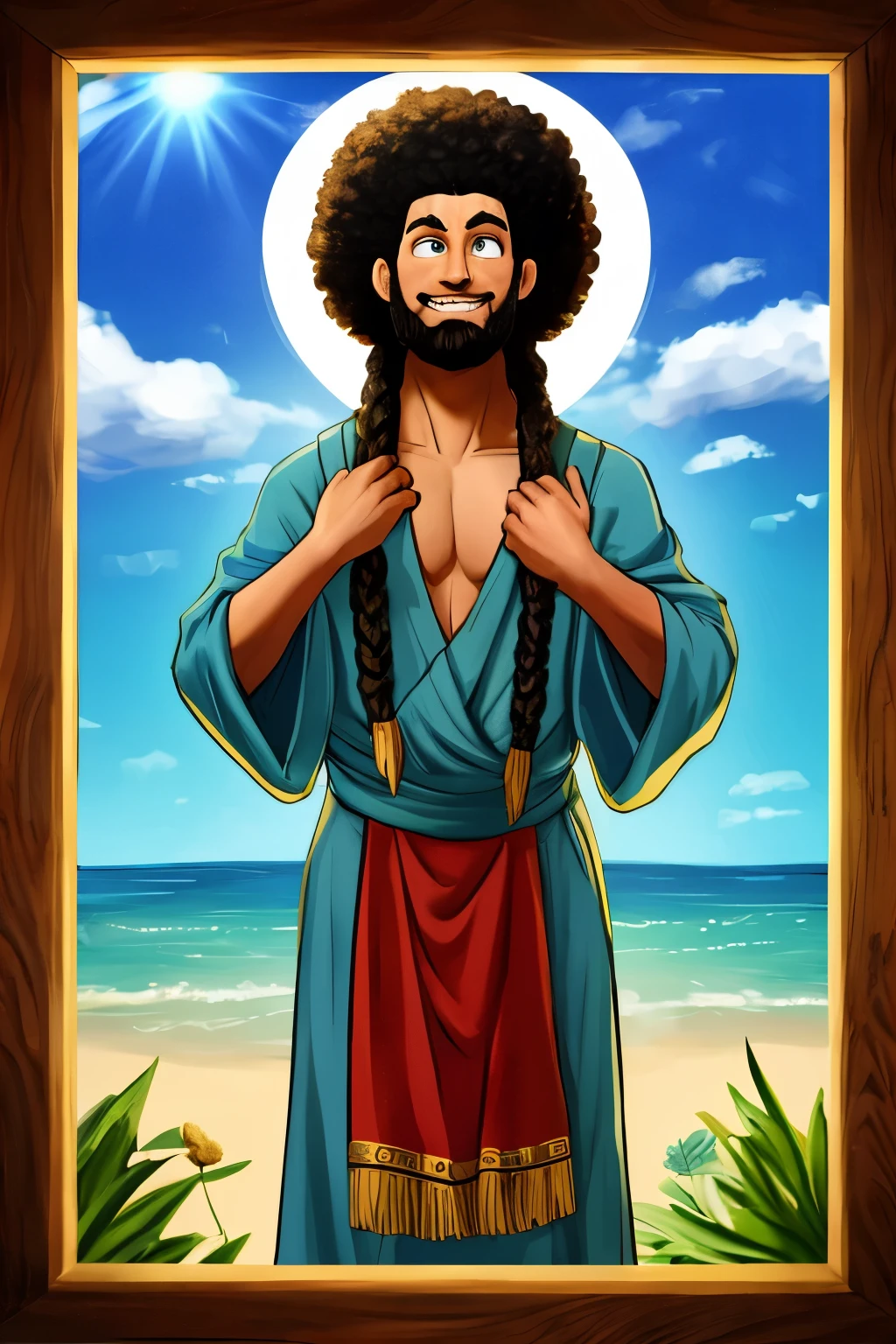agora ele já tem 60 anos de idade cabelos brancos barba brancos Padeiroa ensinar seu filho fazer bochen. in a furnaceBread of original artistic quality'bochen , imagem de JESUS DEUS, ,negro moreno mulato , corpo inteiro,cabelo afro jovem e bonito caindo para frente, Rasta, Disney character animation style, cara, but braided, JESUS DEUS, standing posture, hands naturally placed on both sides, olhando para frente, soft smiling expression, olhos cheios de luz, luz de fundo azul, translucid, com luz como tema, the focus of light is on the characters, the overall picture is fresh and bright.