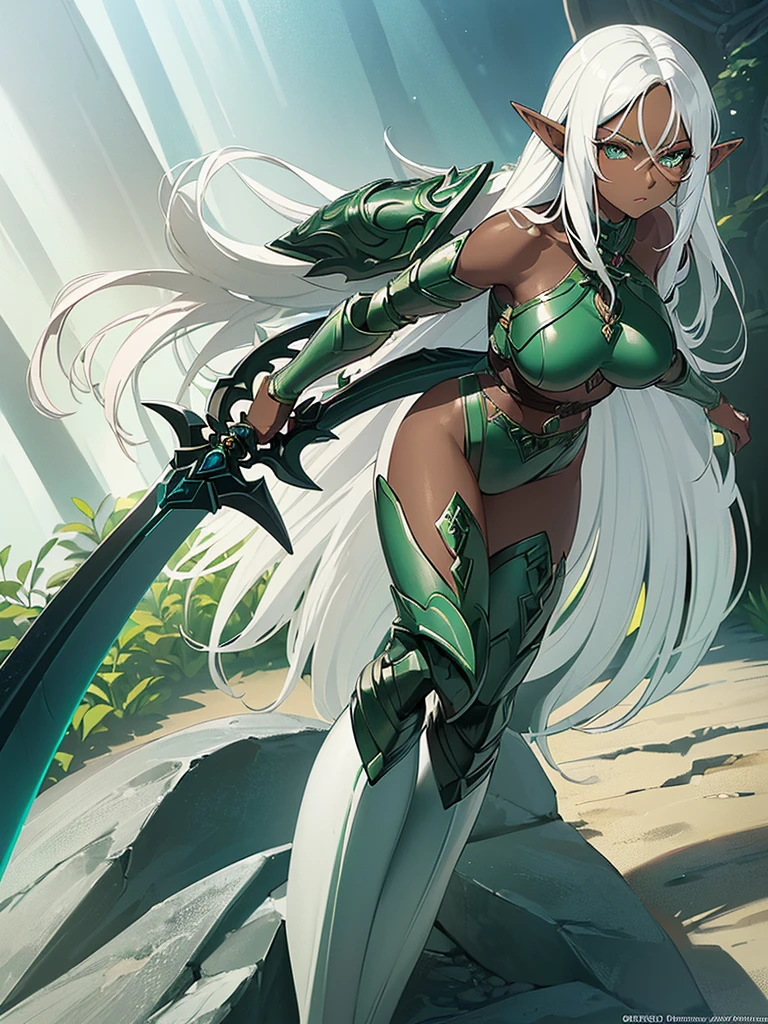 (((I want an elf woman with dark skin, long white hair and detailed green eyes, with full breasts and a beautiful body, Wearing silver armor and holding a sword)))