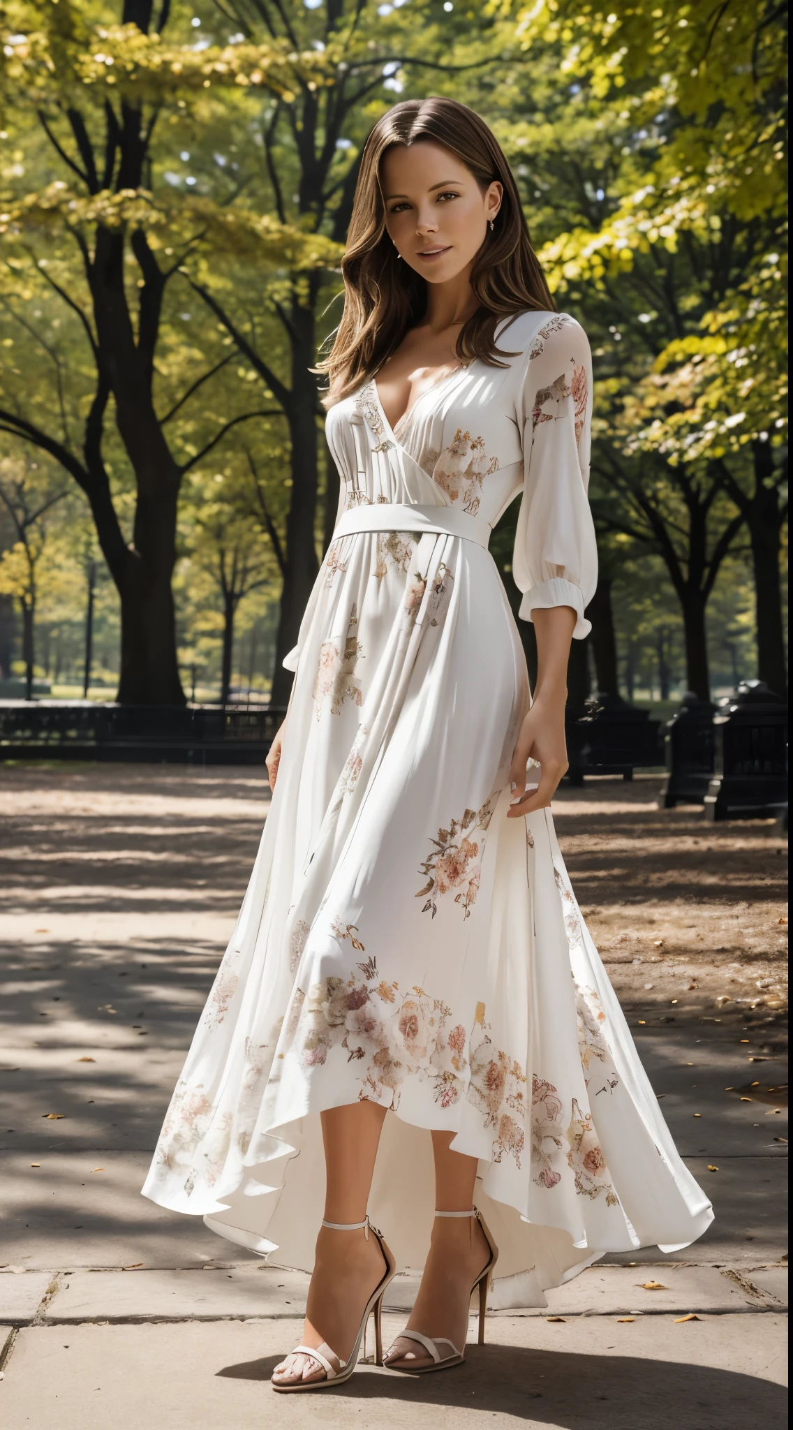 White frock dress for women with satin skirt having a painting of town like thing on bottom , having flowy sleeves open from top of the arms and length should reach till lower knees