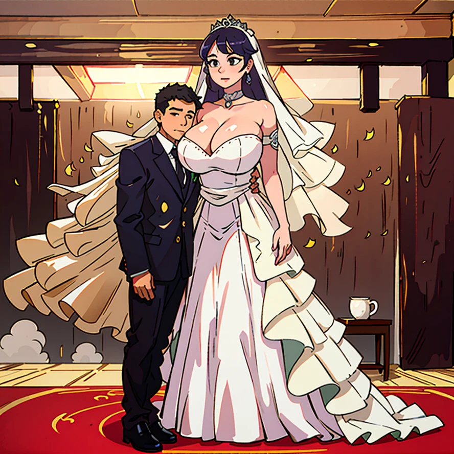 arafed bride and groom posing for a picture in a hotel room, with a large breasts, large breasts size, with large breasts, real life size, large and tall, huge scale, true realistic image, wedding photo, expensive voluminous dress, wearing a wedding dress, very very realistic, huge gargantuan scale, very realistic, giant stunning goddess shot