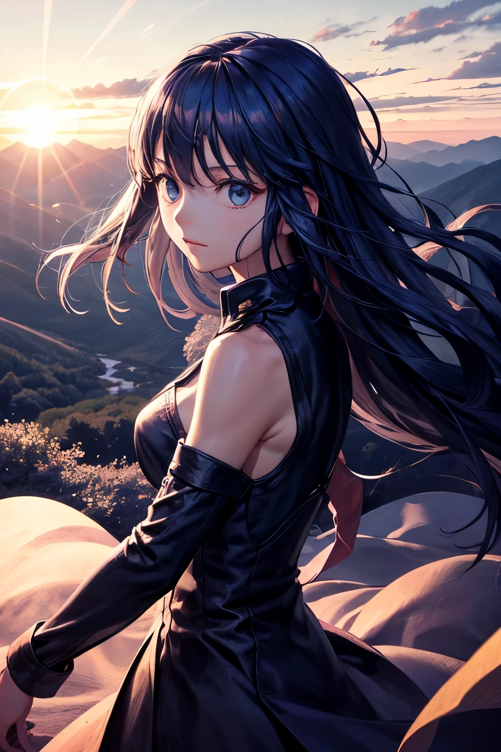 on mountain with long black hair in a beautiful dress while the wind is blind around her and has a cute face sun is on side of face