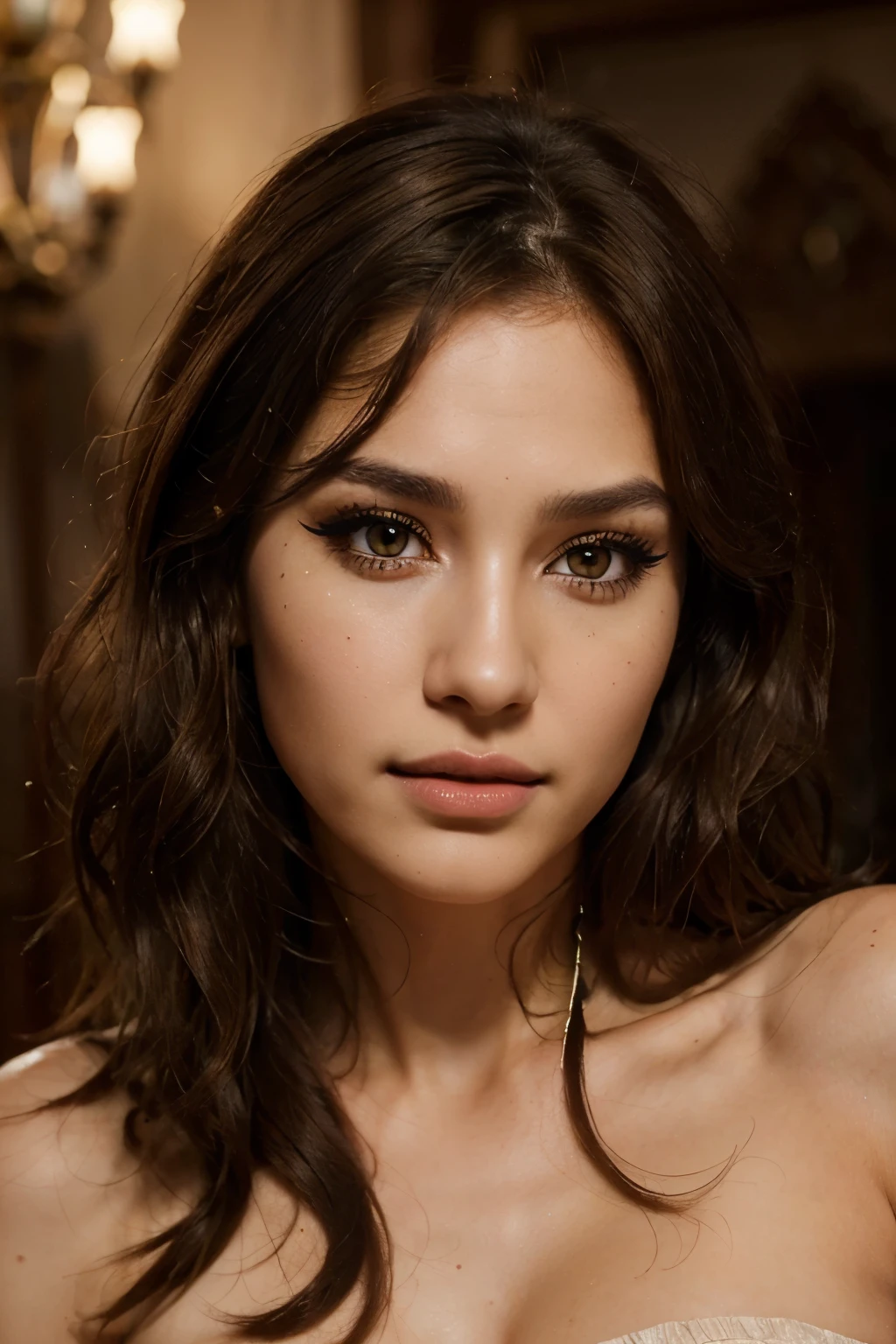 Breathtaking cinematic photo of Selvin Arkils 25 year old girl with brown hair and brown eyes, happy, cheerful expression, beautiful lips, intricate details, highly detailed, high budget, epic Hollywood film, gorgeous, masterpiece, award-winning, professional, highly detailed, detailed skin texture, (blush: 0.5), (goosebumps: 0.5), (brown hair) (short curly hair, wild hair), thin face, thin nose, beautiful, very beautiful, perfect face, slender body (slender), (brown hair) (brown eyes ) (white skin) Beautiful body, western face, predatory eyes, pink lips, western beauty, perfect, ((best quality)), ((ultra resolution)), ((photorealistic: 1.4)), (intricate details), perfect face, (makeup: 1.5) , clear face, facial details, front view