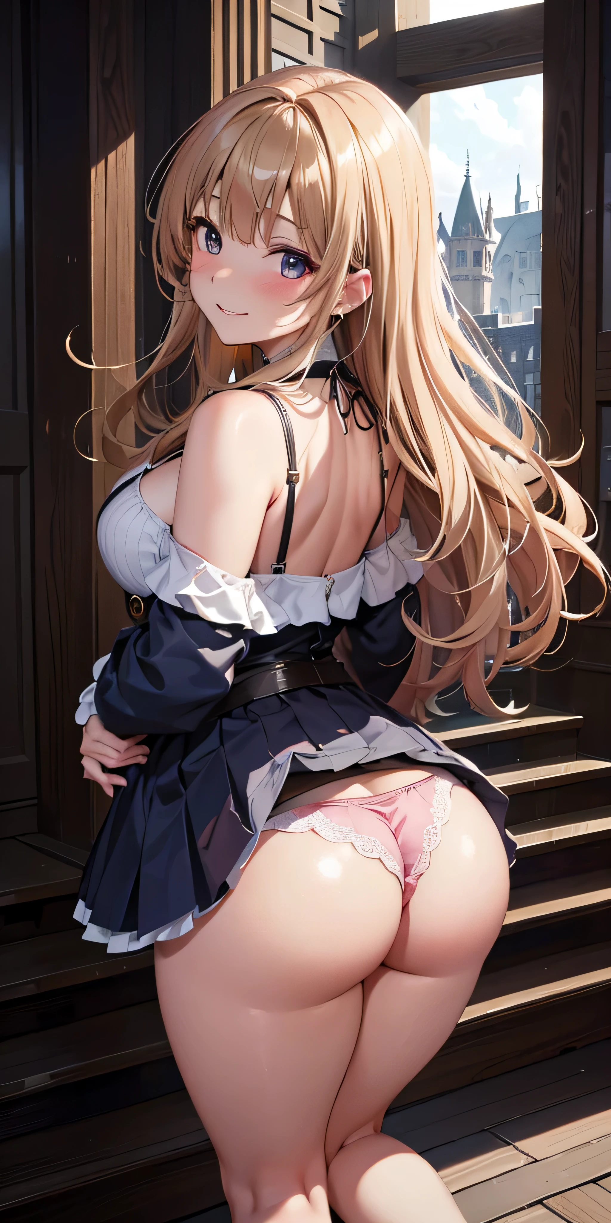 masutepiece, Best Quality, the Extremely Detailed CG Unity 8K Wallpapers, Sexy Witch , Long dark blonde wavy hair、off-shoulder knit, darkblue pleated skirt, Medium milk, hanging breasted, cleavage, Blushing, Shy laughter, Castle staircase、Looking up from the bottom of the stairs、Very embarrassing panic smile, turned around、bending forward、(The wind flipped my skirt and exposed my butt...............................、Touching the buttocks with both hands、Pink lace panties)、