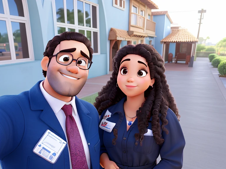 Casal no estilo Disney Pixar, alta qualidade, best quality, homem com barba preta, mulher com volumoso cabelo afro cumprido castanho encaracolado, olhos castanhos escuro, vestido formal