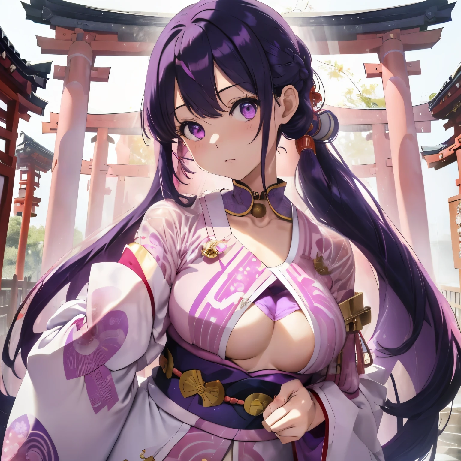 (navy hair),(long hair with curls),(Light pink eyes),(With bangs),(First visit to a shrine:1.25),(colourfull:1.2),(Staring at me),(Japanese pattern clothing:1.4),(Lower breast:1.5),(Transparent double sleeve long sleeves:1.5),(chest protruding from clothes,:1.4),Face waiting for kiss,Slight red tide,(Kamimei),(Low angle:1.5),(Close-up of chest 1.35),(white and pink and purple red:1.25),