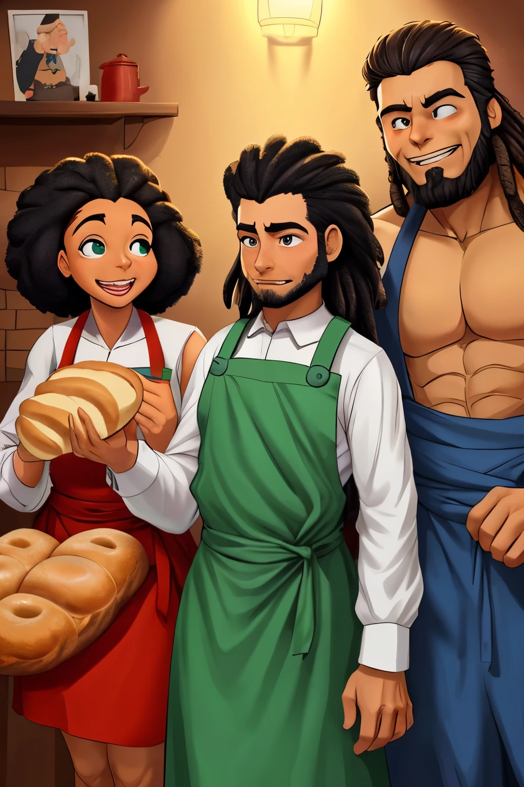 now he is a family a group making bread Baker teaching his bochen. in a furnaceBread of original artistic quality'bochen , imagem de JESUS DEUS, ,negro moreno mulato , corpo inteiro,cabelo afro jovem e bonito caindo para frente, Rasta, Disney character animation style, cara, but braided, JESUS DEUS, standing posture, hands naturally placed on both sides, olhando para frente, soft smiling expression, olhos cheios de luz, luz de fundo azul, translucid, com luz como tema, the focus of light is on the characters, the overall picture is fresh and bright.