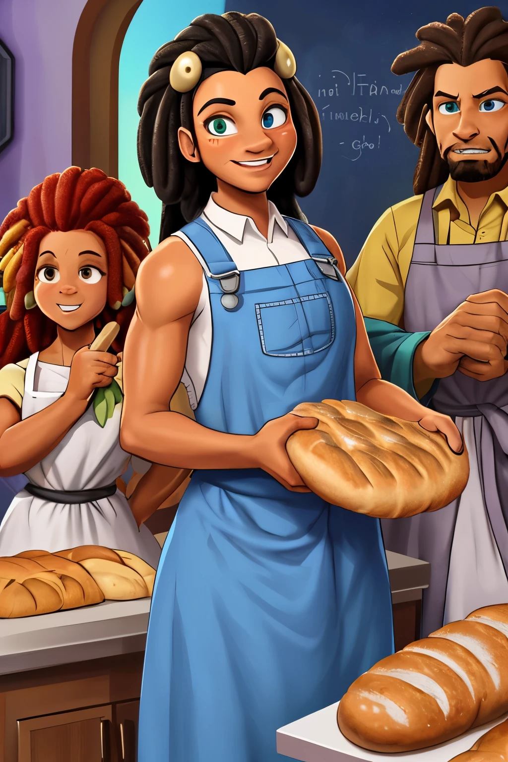now he is a family a group making bread Baker teaching his bochen. in a furnaceBread of original artistic quality'bochen , imagem de JESUS DEUS, ,negro moreno mulato , corpo inteiro,cabelo afro jovem e bonito caindo para frente, Rasta, Disney character animation style, cara, but braided, JESUS DEUS, standing posture, hands naturally placed on both sides, olhando para frente, soft smiling expression, olhos cheios de luz, luz de fundo azul, translucid, com luz como tema, the focus of light is on the characters, the overall picture is fresh and bright.