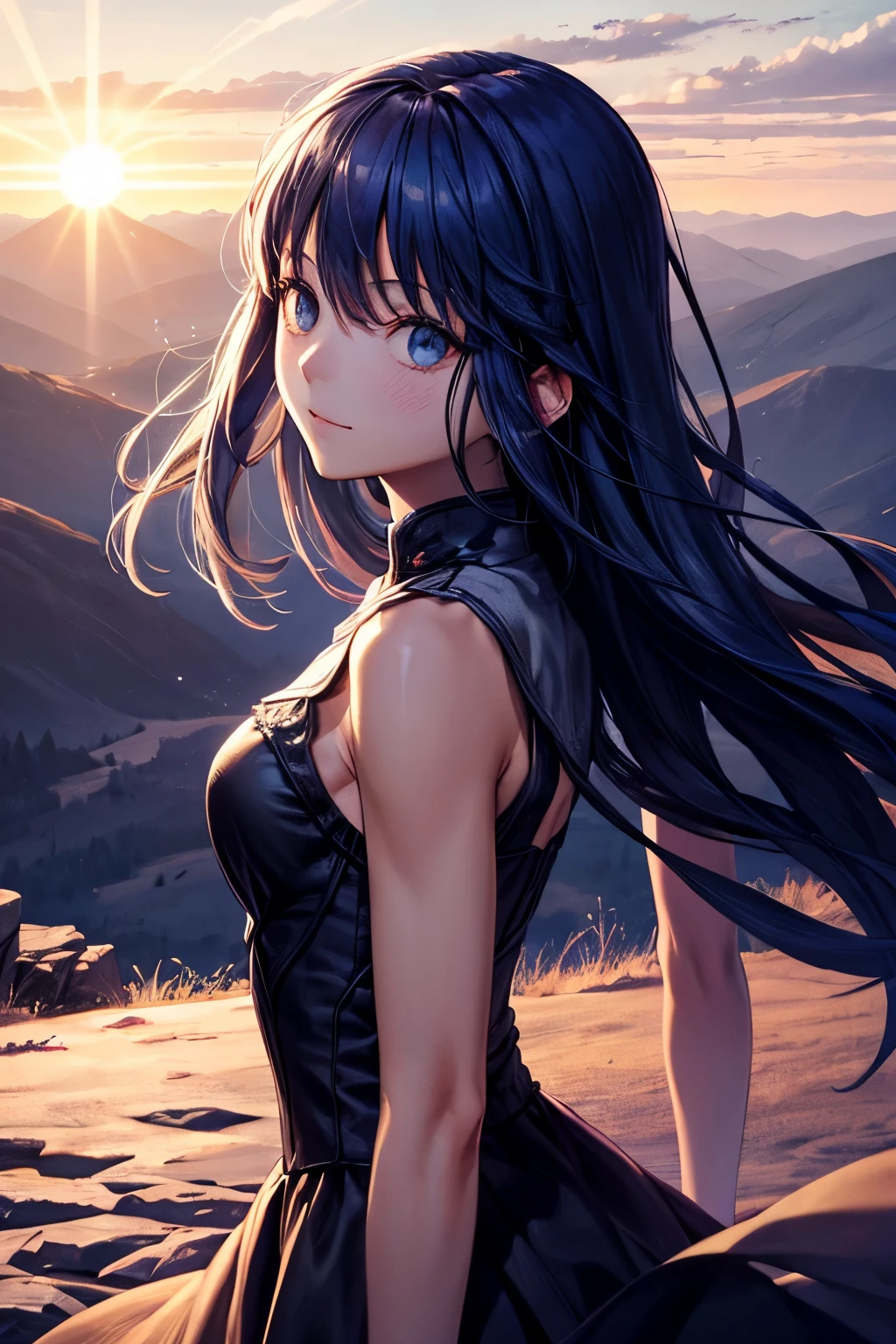 on mountain with long black hair in a beautiful dress while the wind is blind around her and has a cute face sun is on side of face