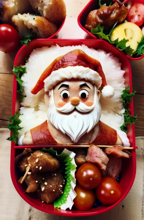 A bright sunny summer day. Close-up. Santa Claus in red underpants and a red hat. In the foreground a brazier, frying pieces of meat and tomatoes on skewers. Coals in the brazier are glowing, light steam is rising.