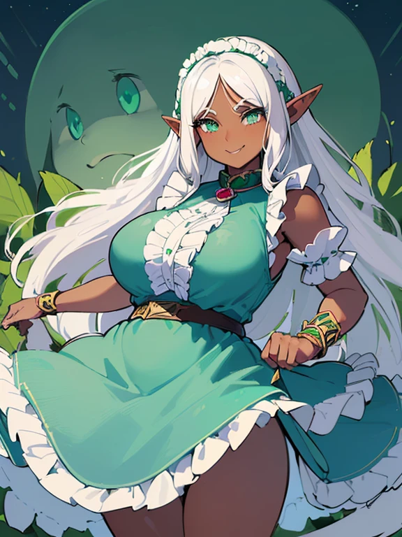 (((I want an elf woman with dark skin, long white hair and detailed green eyes, a childish and chubby body, wearing a light blue dress with ruffles, a smile on her face