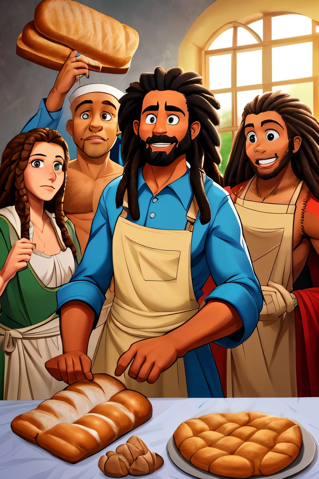 now he is a family a group making bread Baker teaching his bochen. in a furnaceBread of original artistic quality&#39;bochen  , imagem de JESUS DEUS, ,negro moreno mulato , corpo inteiro,cabelo afro jovem e bonito caindo para frente, Rasta,  Disney character animation style, cara, but braided, JESUS DEUS, standing posture, hands naturally placed on both sides, olhando para frente, soft smiling expression, olhos cheios de luz, luz de fundo azul, translucid, com luz como tema, the focus of light is on the characters, the overall picture is fresh and bright.