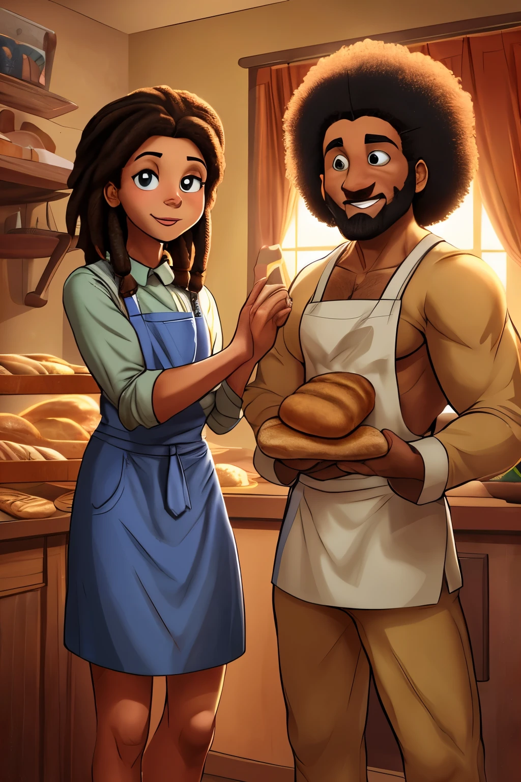 now he is a family a group making bread Baker teaching his bochen. in a furnaceBread of original artistic quality&#39;bochen  , imagem de JESUS DEUS, ,negro moreno mulato , corpo inteiro,cabelo afro jovem e bonito caindo para frente, Rasta,  Disney character animation style, cara, but braided, JESUS DEUS, standing posture, hands naturally placed on both sides, olhando para frente, soft smiling expression, olhos cheios de luz, luz de fundo azul, translucid, com luz como tema, the focus of light is on the characters, the overall picture is fresh and bright.