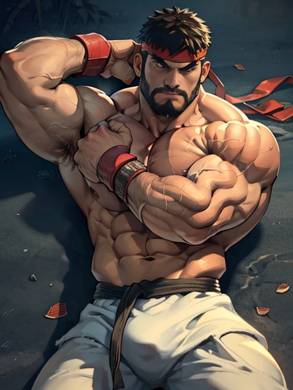 3D Photorealistic, Masterpiece realistic, best high quality, perfect details, RAW Photo, intricate details, nice lighting, 4K, detailed background, (excessive huge muscle:1.6), (huge buff muscle:1.4), (veiny muscle:1.2), ryu from street fighter, hot beard, fighter, lightning eye, well built abs, muscular , nipple, sweat, blood, steam, red glove, posing, (look at viewer:1.2), huge bulge, beaten down, details physic muscle, (hard breathing, tongue out), lying on the floor, high details facial expression.