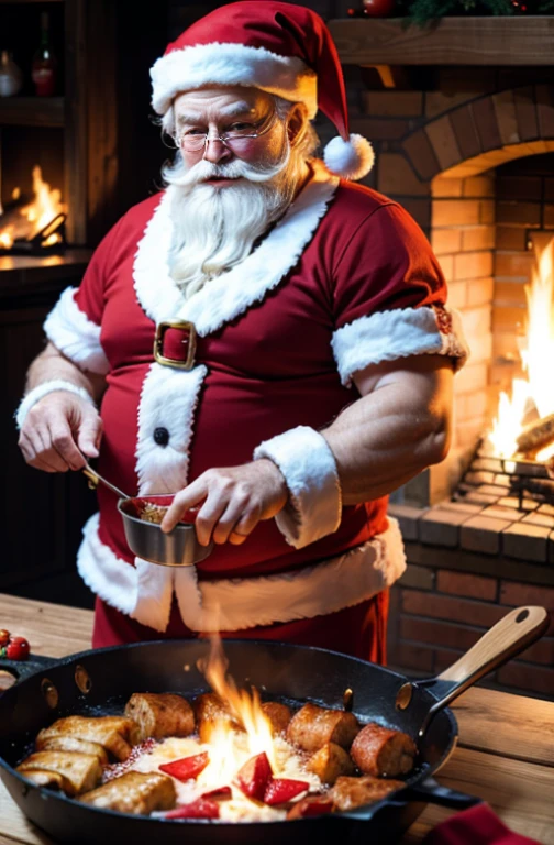 A bright sunny summer day. Close-up. Santa Claus in red underpants and a red hat. In the foreground a brazier, frying pieces of meat and tomatoes on skewers. Coals in the brazier are glowing, light steam is rising.