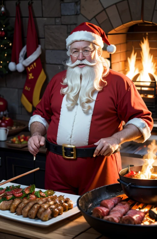 A bright sunny summer day. Close-up. Santa Claus in red underpants and a red hat. In the foreground a brazier, frying pieces of meat and tomatoes on skewers. Coals in the brazier are glowing, light steam is rising.