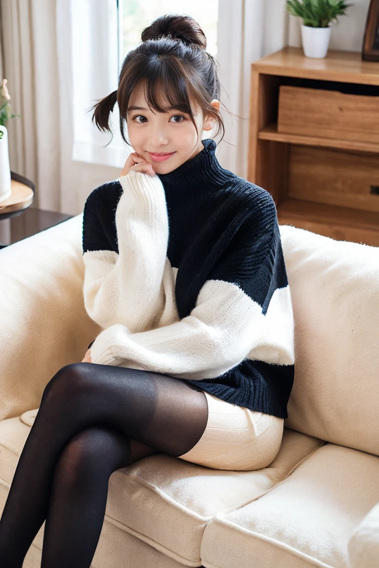 A beautiful girl wearing a two-color pile sweater、With bangs、Black-haired sweet、14years、inside in room、sofas、(Wool miniskirt)、Bun hair、wool tights、