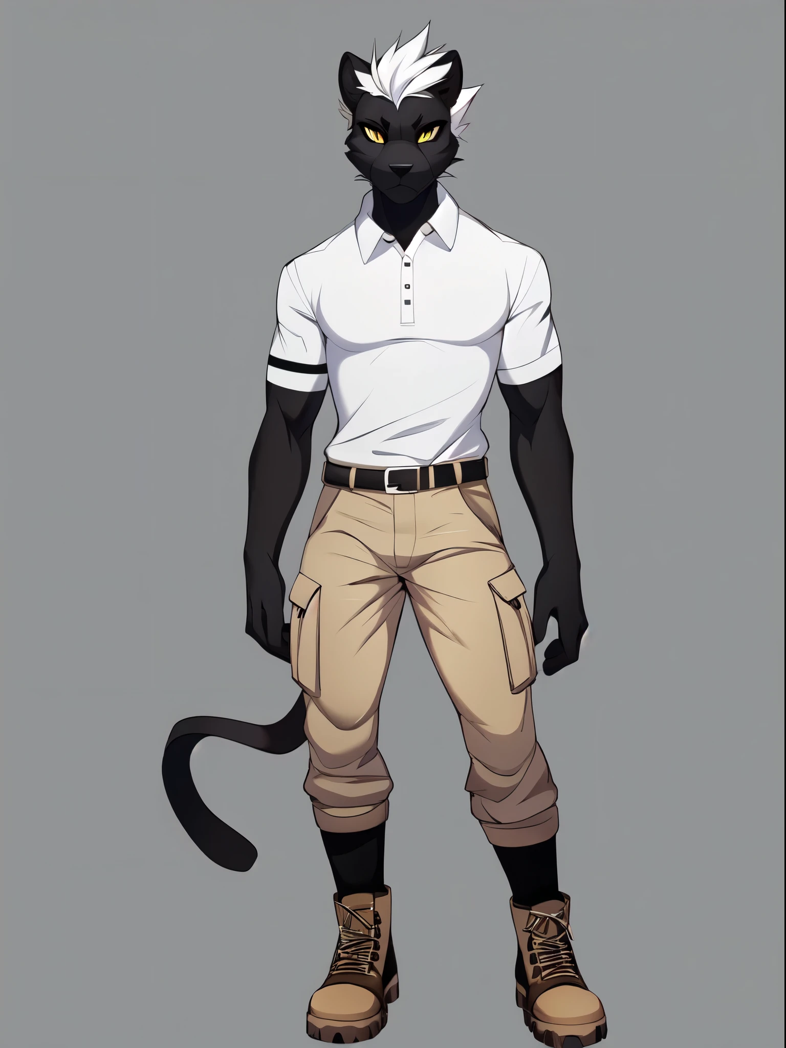 Solo:1.3, a tall muscular black panther boy, detailed yellow eyes, white sclera, white hair, faux hawk hair, black panther ears, wearing white polo shirt, khaki cargo pants, brown timberland boots, simple background, full body shot, feet visible, by hyattlen, by braeburned, by fumiko, full body shot, serious face, high resolution, standing, front view