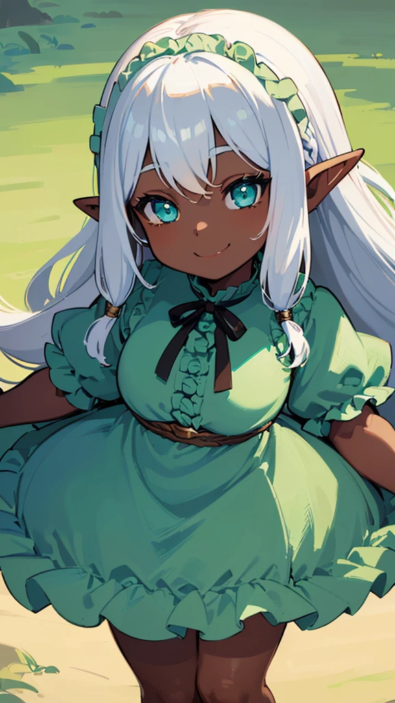 (((I want an elf child with dark skin, long white hair and detailed green eyes, a childish and chubby body, wearing a light blue dress with ruffles, a smile on her face