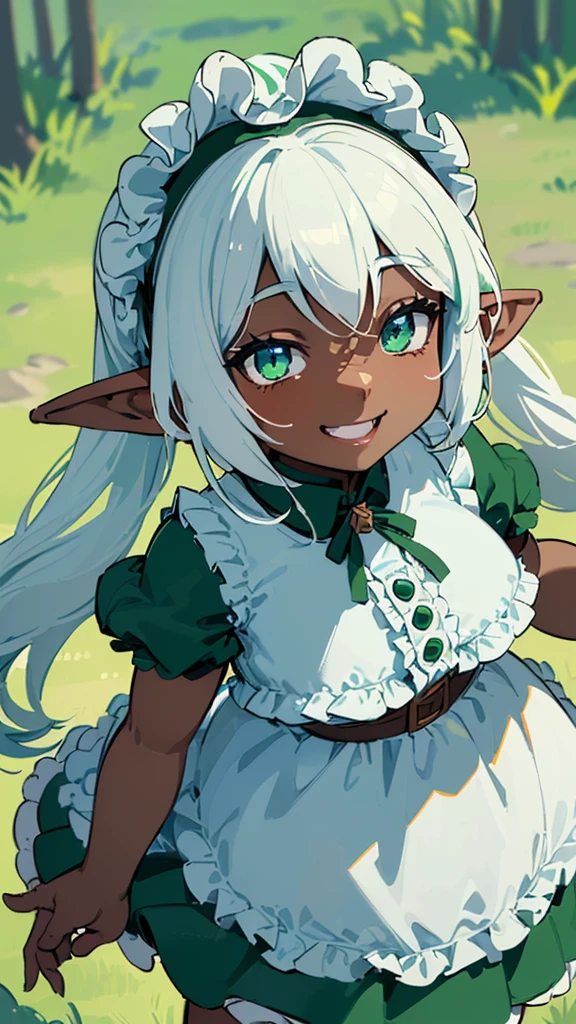 (((I want an elf  with dark skin, long white hair and detailed green eyes, a childish and chubby body, wearing a light blue dress with ruffles, a smile on her face