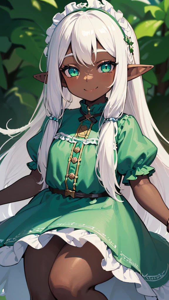 (((I want an elf child with dark skin, long white hair and detailed green eyes, a childish and chubby body, wearing a light blue dress with ruffles, a smile on her face