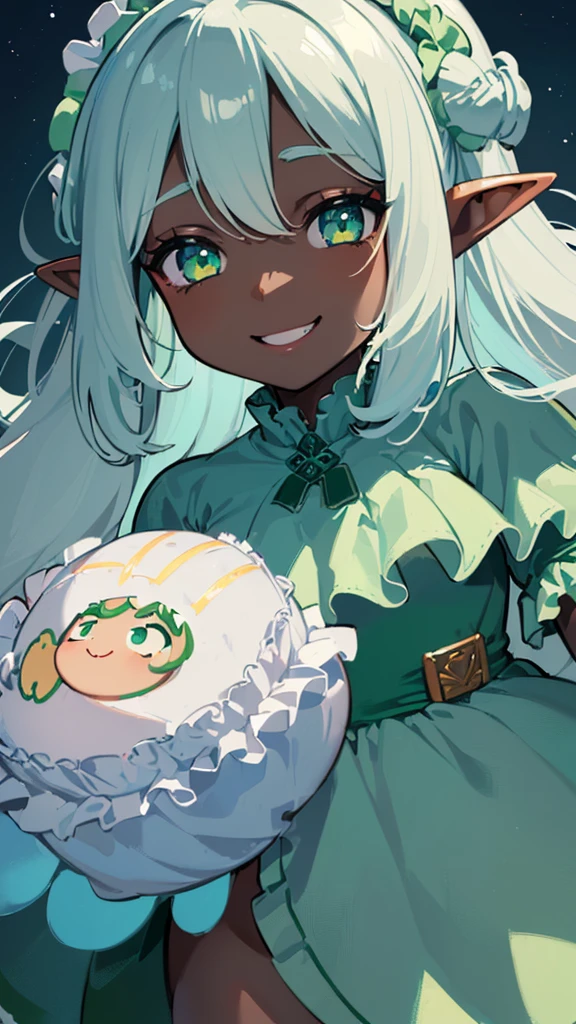 (((I want an elf child with dark skin, long white hair and detailed green eyes, a childish and chubby body, wearing a light blue dress with ruffles, a smile on her face