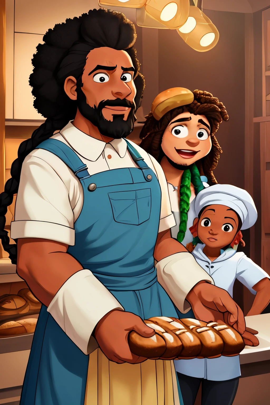 now he is a family a group bread Baker teaching his bochen. in the ovenOriginal artistic quality bread'bochen , imagem de JESUS DEUS, ,negro moreno mulato , corpo inteiro,cabelo afro jovem e bonito caindo para frente, Rasta, Disney character animation style, rosto, but braided, JESUS DEUS, standing posture, hands naturally placed on both sides, olhando para frente, soft smiling expression, olhos cheios de luz, luz de fundo azul, translucid, com luz como tema, the focus of light is on the characters, the overall picture is fresh and bright.