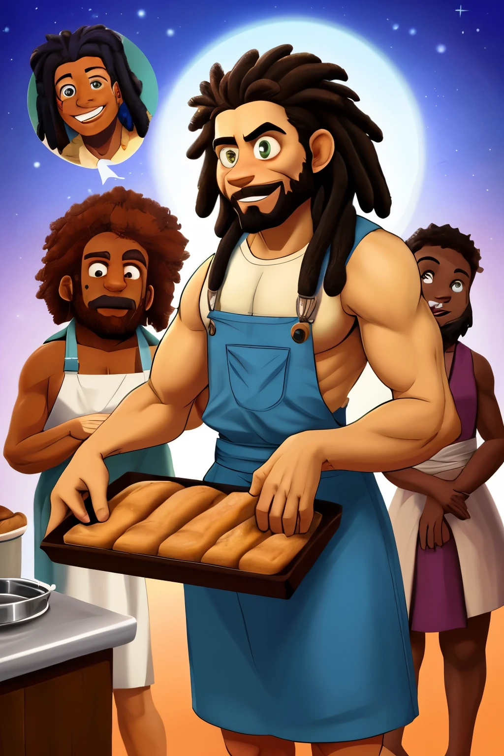 now he is a family a group bread Baker teaching his bochen. in the ovenOriginal artistic quality bread'bochen , imagem de JESUS DEUS, ,negro moreno mulato , corpo inteiro,cabelo afro jovem e bonito caindo para frente, Rasta, Disney character animation style, rosto, but braided, JESUS DEUS, standing posture, hands naturally placed on both sides, olhando para frente, soft smiling expression, olhos cheios de luz, luz de fundo azul, translucid, com luz como tema, the focus of light is on the characters, the overall picture is fresh and bright.