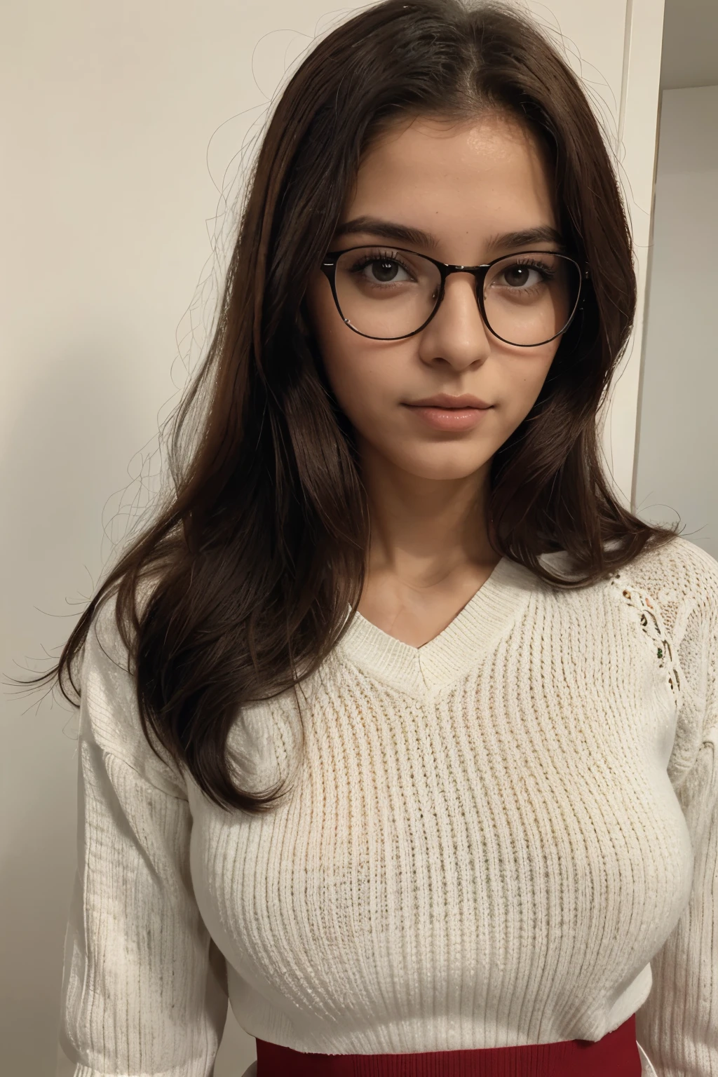 1Menina 18 anos, somente, Cabelos castanhos curtos, vestindo uniforme de escola antiga dos anos 1960, Olhando para o espectador, cabelos castanhos curtos, wearing prescription glasses, Brigite Bardot adolescente, pullover, Detailed lips , Realistisch, nariz afilado, flirting with the camera