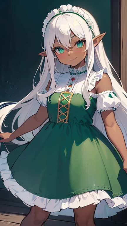 (((I want an elf girl with dark skin, white curly hair, detailed green eyes, a majestic body with full breasts, wearing a lightly low-cut Violet dress with peasant features and on her face a sweet smile)))