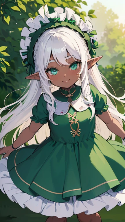 (((I want an elf  with dark skin, long white hair and detailed green eyes, a childish and chubby body, wearing a light blue dress with ruffles, a smile on her face