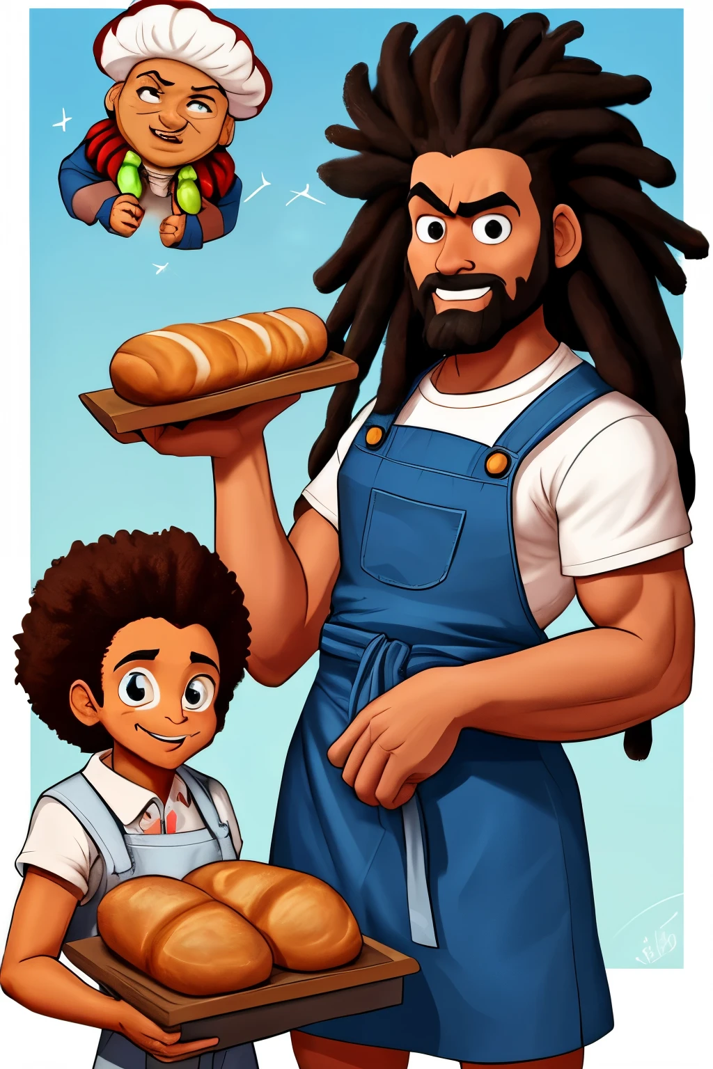 now he is a family a group bread Baker teaching his bochen. in the ovenOriginal artistic quality bread'bochen , imagem de JESUS DEUS, ,negro moreno mulato , corpo inteiro,cabelo afro jovem e bonito caindo para frente, Rasta, Disney character animation style, rosto, but braided, JESUS DEUS, standing posture, hands naturally placed on both sides, olhando para frente, soft smiling expression, olhos cheios de luz, luz de fundo azul, translucid, com luz como tema, the focus of light is on the characters, the overall picture is fresh and bright.