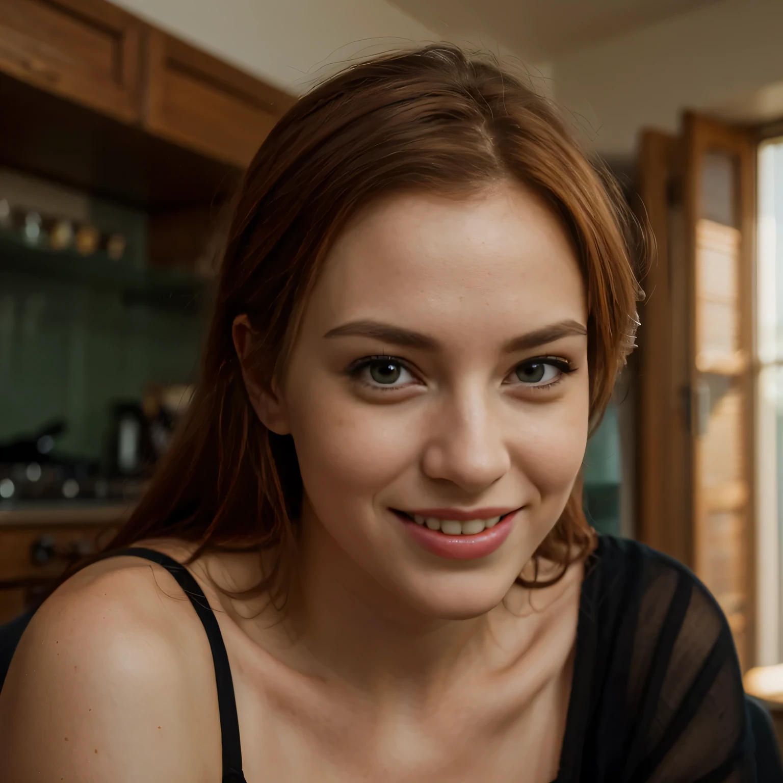 Full length portrait of a beautiful 24 year old blonde woman, wearing french maid uniform, kitchen, natural soft lights, 85mm canon lens, realistic portrait, Very detailed, analogue style, deep cleavage, sexy pose, large natural breasts, laughing out loud, from below