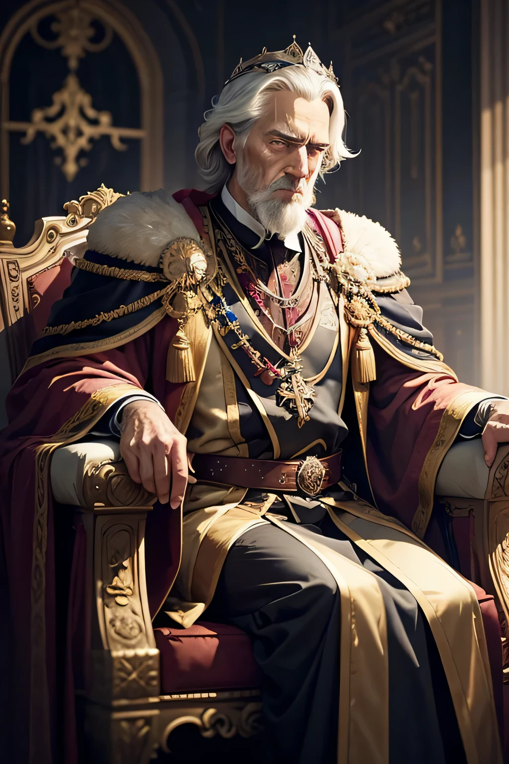 Portrait of an old European king with a serious look in a crown and royal robe, ominous vibe, blurred background