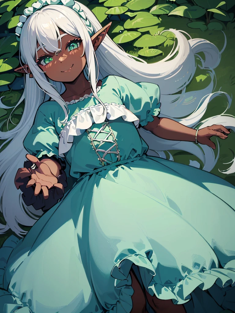 (((I want an elf  with dark skin, long white hair and detailed green eyes, a childish and chubby body, wearing a light blue dress with ruffles, a smile on her face)))