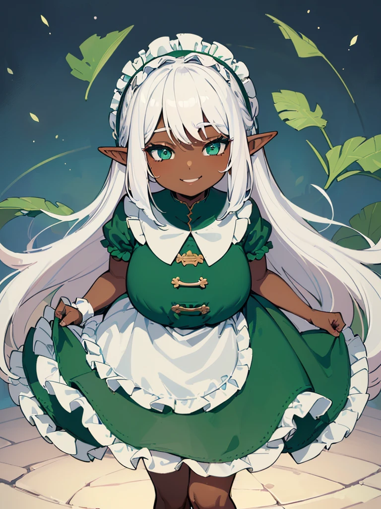 (((I want an elf child with dark skin, long white hair and detailed green eyes, a childish and chubby body, wearing a light blue dress with ruffles, a smile on her face)))