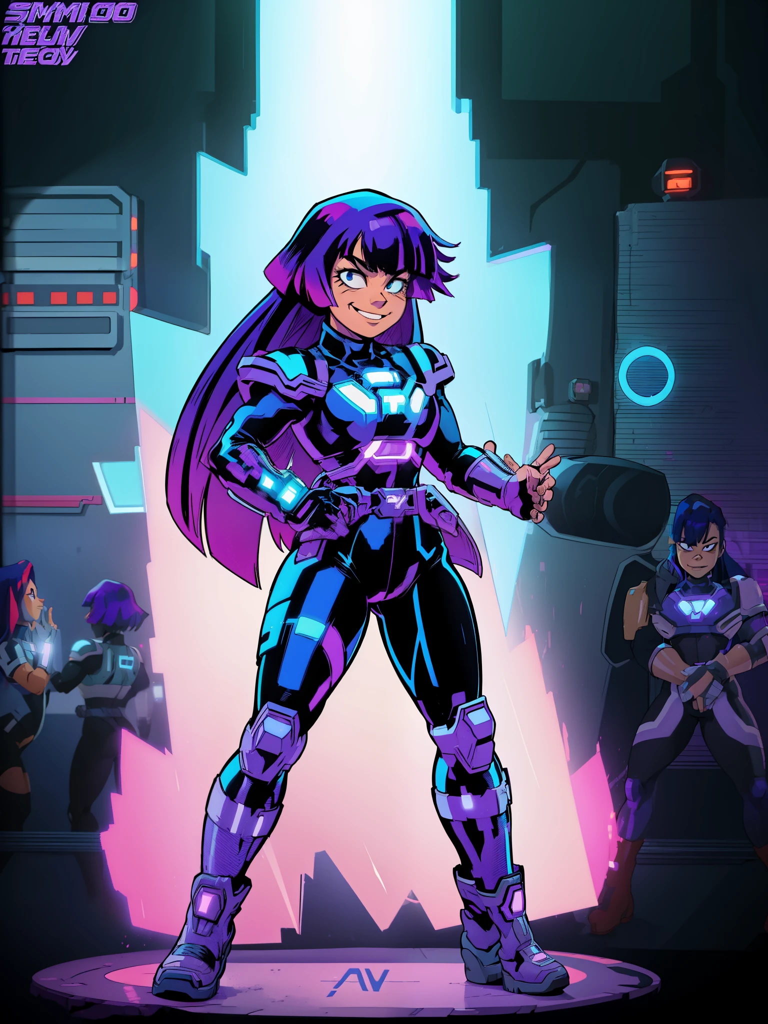 (((My Hero Academia Style))), 1girl, female, Miko Kubota, ((Glitch Techs Series Style)), long hair, violet-blue hair with magenta shine, hair cut in a hime cut, big hips, round hips, thick thighs, medium breast, bright neon violet blue eyes, light skin, mischievous smile, Asian features, ((Tron Legacy Style)), black tight wetsuit, black full body wetsuit, black wetsuit, tight suit , black tight suit, silver tech armor with neon blue light, silver shoulder pad armor with neon light, silver arm pad armor with neon light, silver breastplate armor with neon blue light, silver armor boots with neon light, (Full Body Photo:1.5), perfect ???????, perfect hands, Super detailed, standing, cowboy shot, standing pose, cowboy shot pose, looking at viewer, blue neon lights around in the background, glyph lights around in the background,