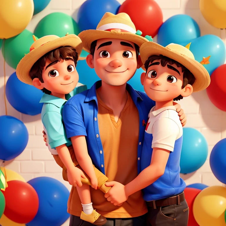 Make father hugging his two boys(one teenager and one child) na festa junina e comemorando a festa junina NA FESTA JUNINA, with a heart decoration on the back made from June party hats