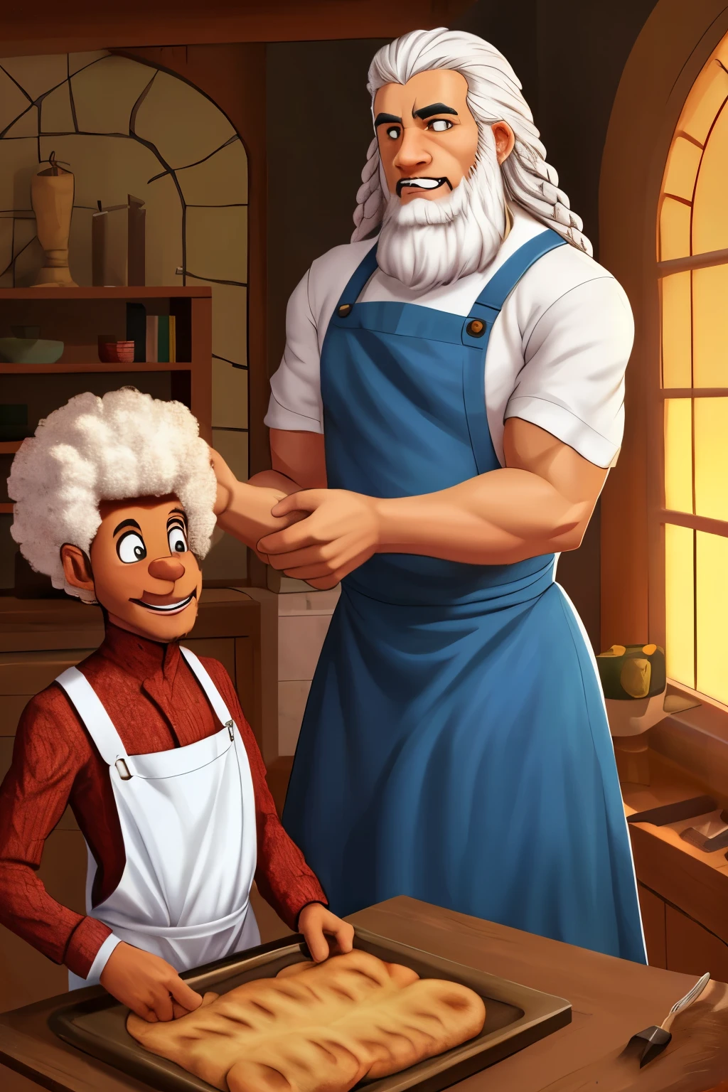 now he is 60 years old white hair white beard Baker teaching his son how to make bochen. in a furnaceBread of original artistic quality'bochen , imagem de JESUS DEUS, ,negro moreno mulato , corpo inteiro,cabelo afro jovem e bonito caindo para frente, Rasta, Disney character animation style, cara, but braided, JESUS DEUS, standing posture, hands naturally placed on both sides, olhando para frente, soft smiling expression, olhos cheios de luz, luz de fundo azul, translucid, com luz como tema, the focus of light is on the characters, the overall picture is fresh and bright.