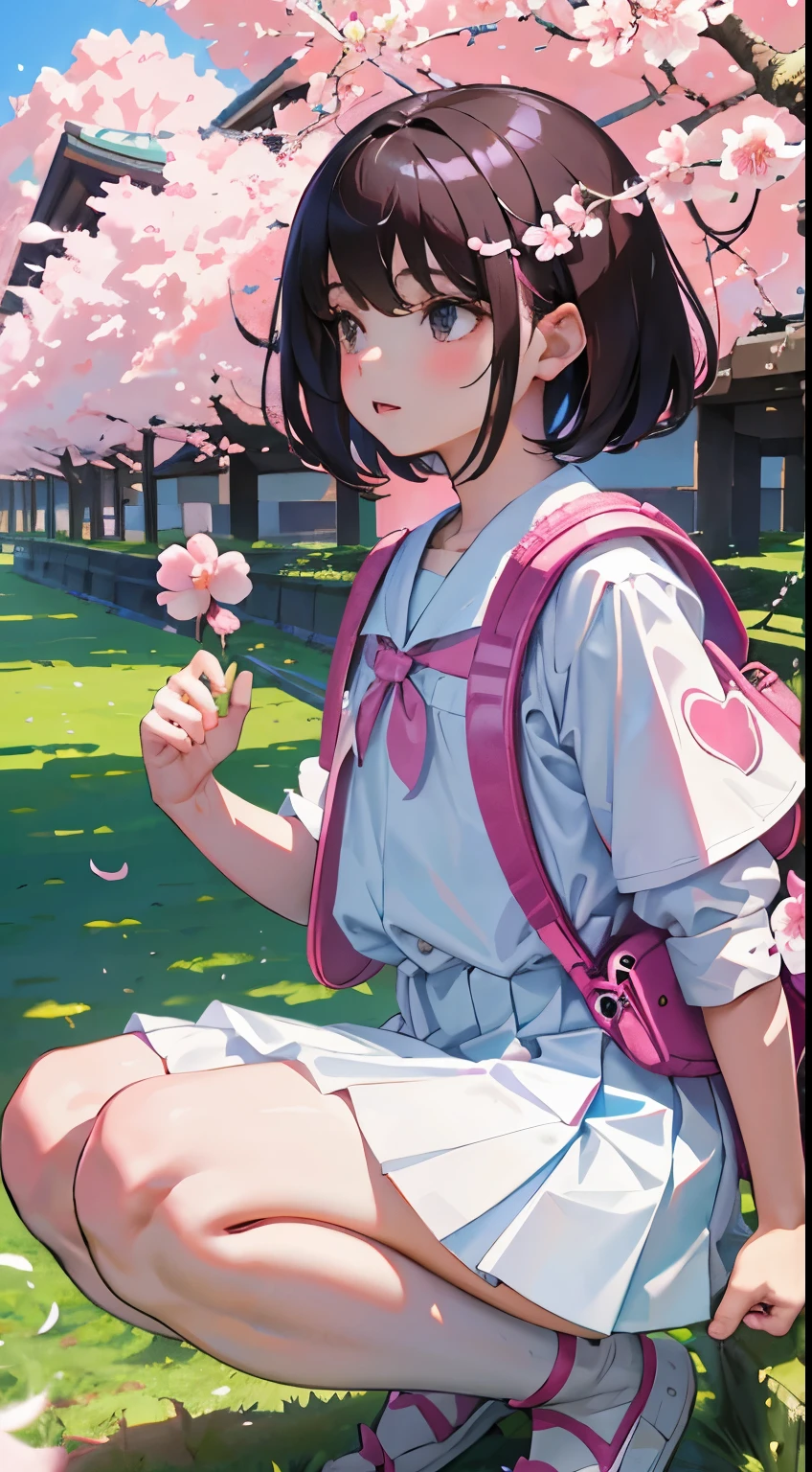 crouching down，(child)，（​masterpiece，Highest Quality)，pink pleated miniskirt，White rucksack，shortsleeves，A dark-haired，Summer Classroom，The wind is blowing，A path lined with flourishing cherry blossom trees
