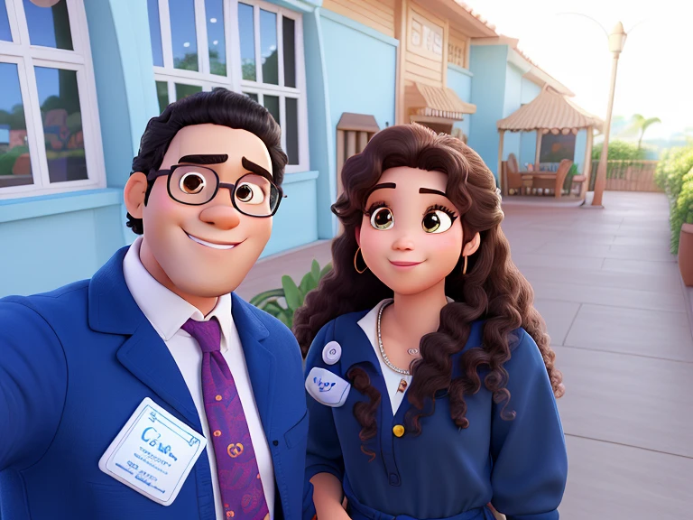 Casal no estilo Disney Pixar, alta qualidade, best quality, mulher com volumoso cabelo afro cumprido castanho encaracolado, olhos castanhos escuro, vestido formal