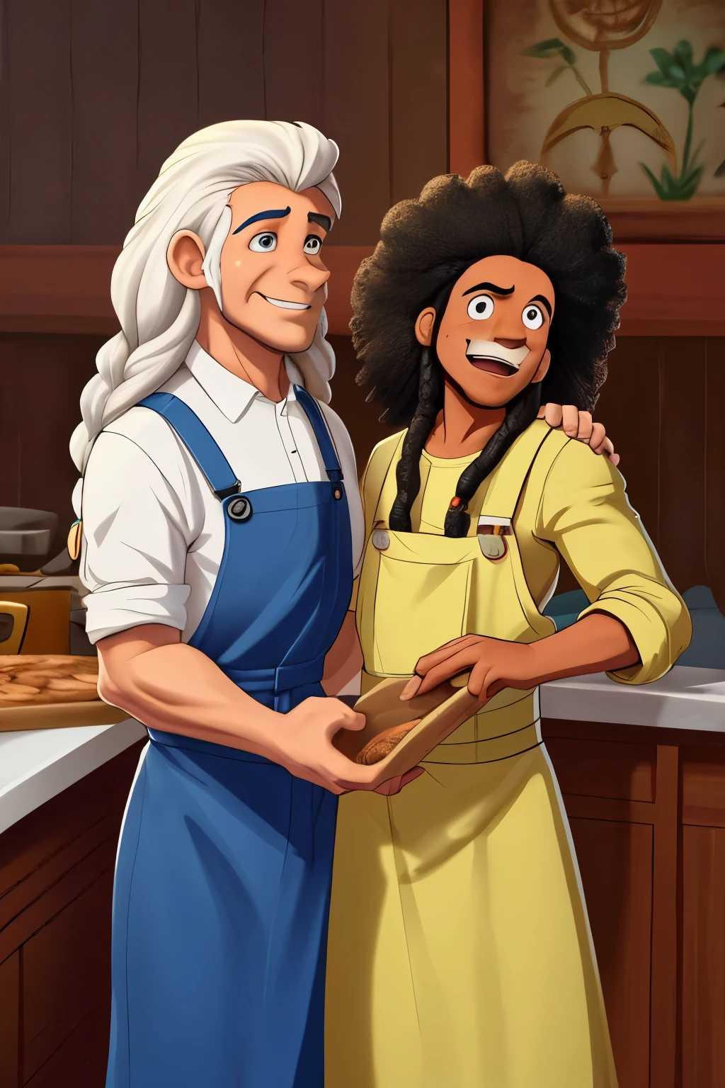 now he is 60 years old white hair white beard Baker teaching his son how to make bochen. in a furnaceBread of original artistic quality'bochen , imagem de JESUS DEUS, ,negro moreno mulato , corpo inteiro,cabelo afro jovem e bonito caindo para frente, Rasta, Disney character animation style, cara, but braided, JESUS DEUS, standing posture, hands naturally placed on both sides, olhando para frente, soft smiling expression, olhos cheios de luz, luz de fundo azul, translucid, com luz como tema, the focus of light is on the characters, the overall picture is fresh and bright.